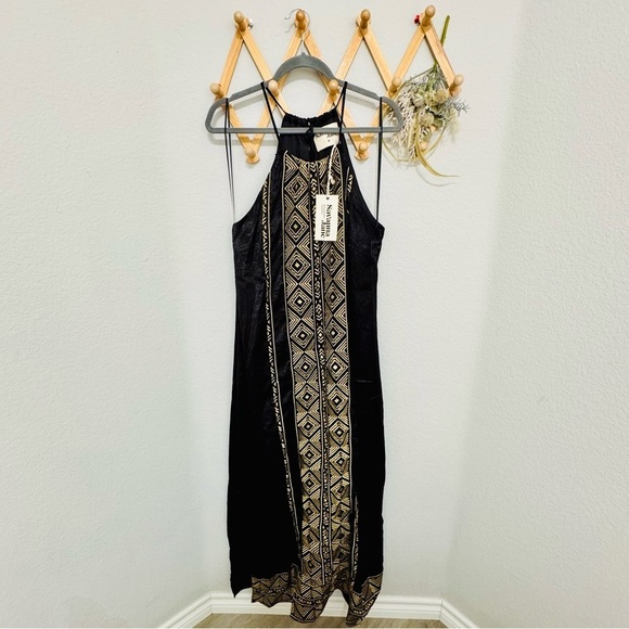 NWT! Savanna Jane Black Gold Embroidered Detail Halter Top Slit Maxi Dress Sz M - Picture 3 of 8